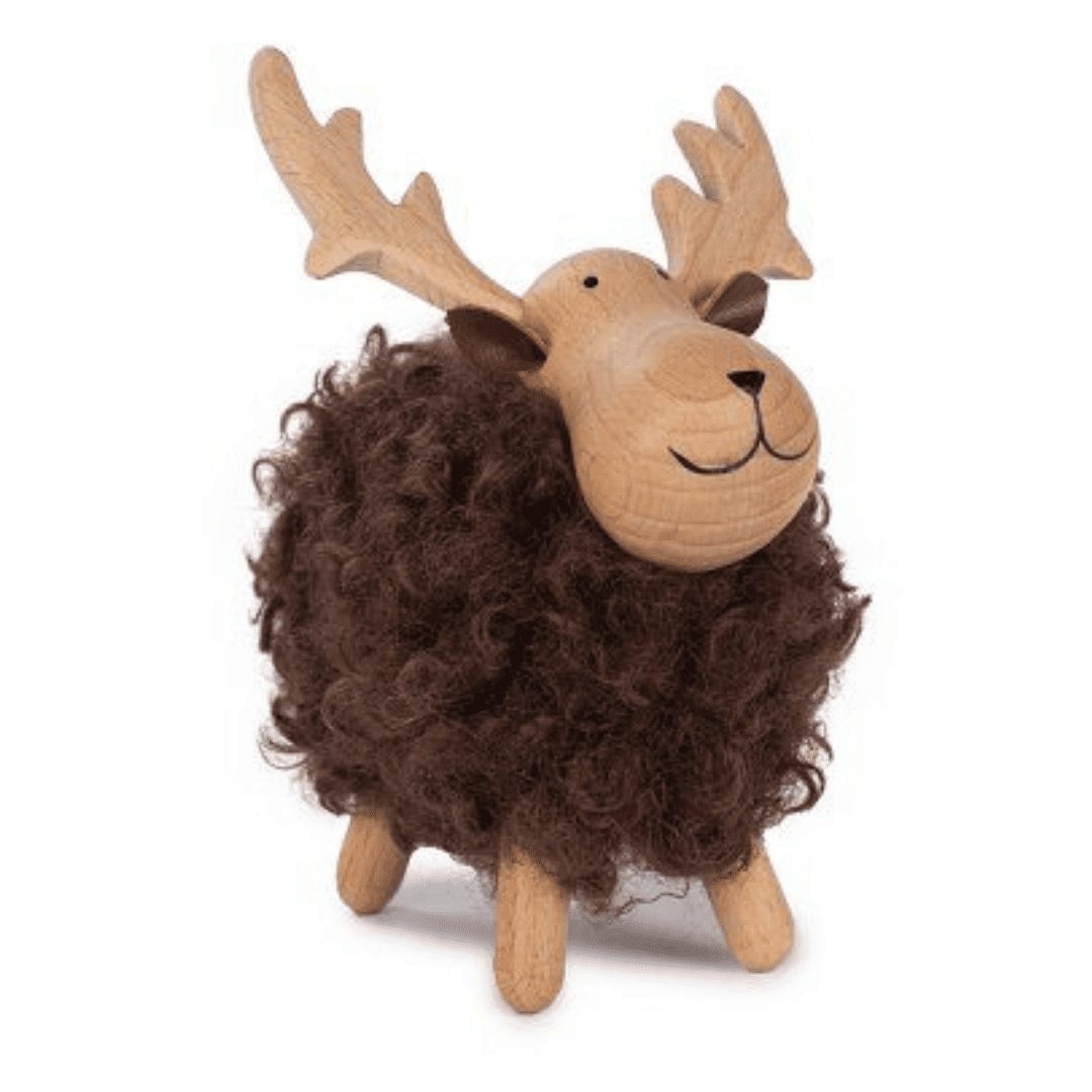 Houten rendier met bruine wol