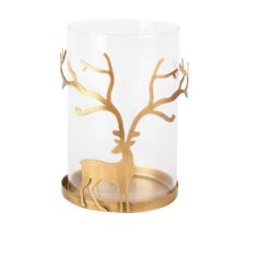 Glazen theelichthouder goudkleurig rendier , glas en metaal